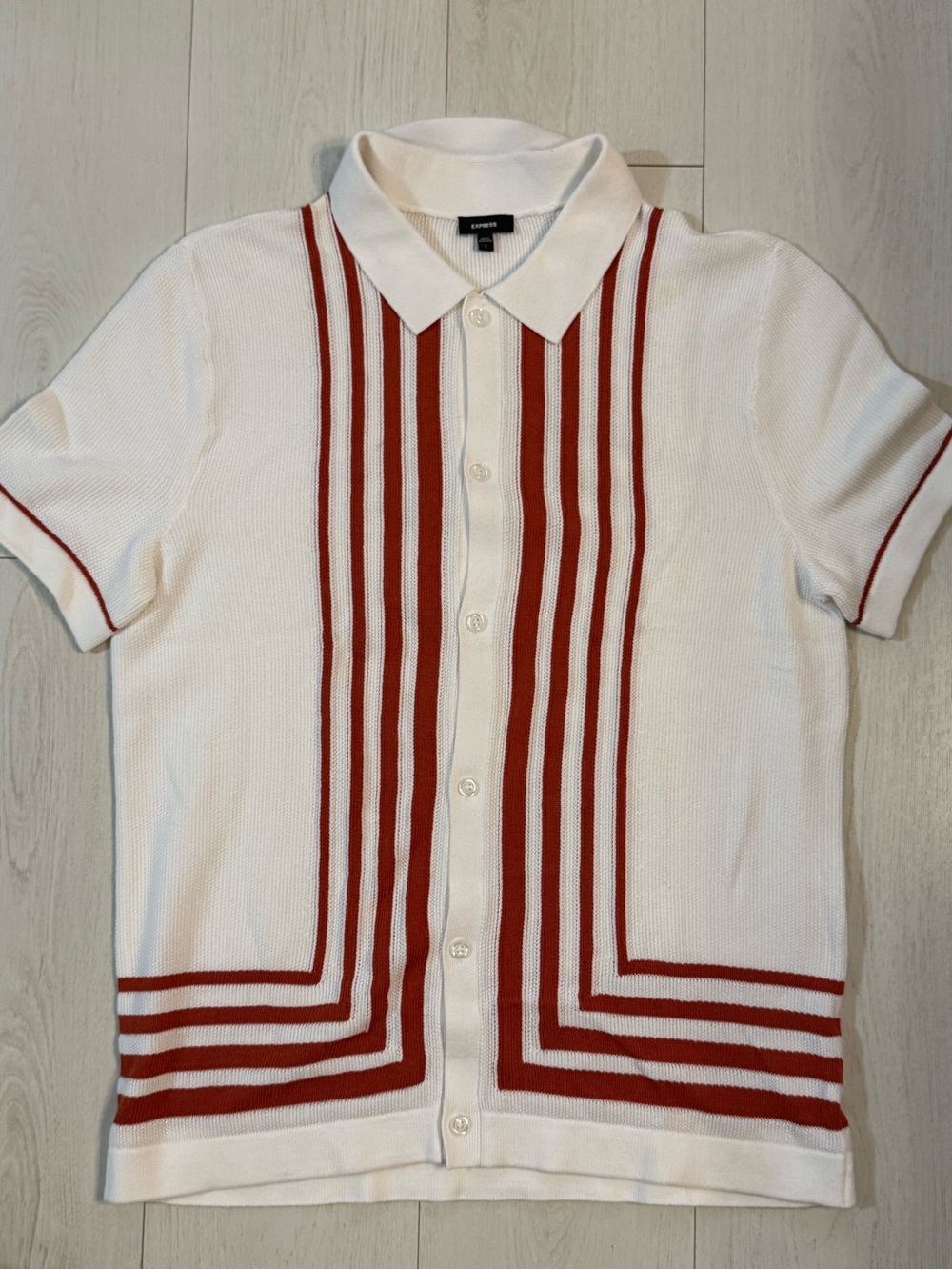 Express White Short-Sleeve Button-Down with Rust Stripes